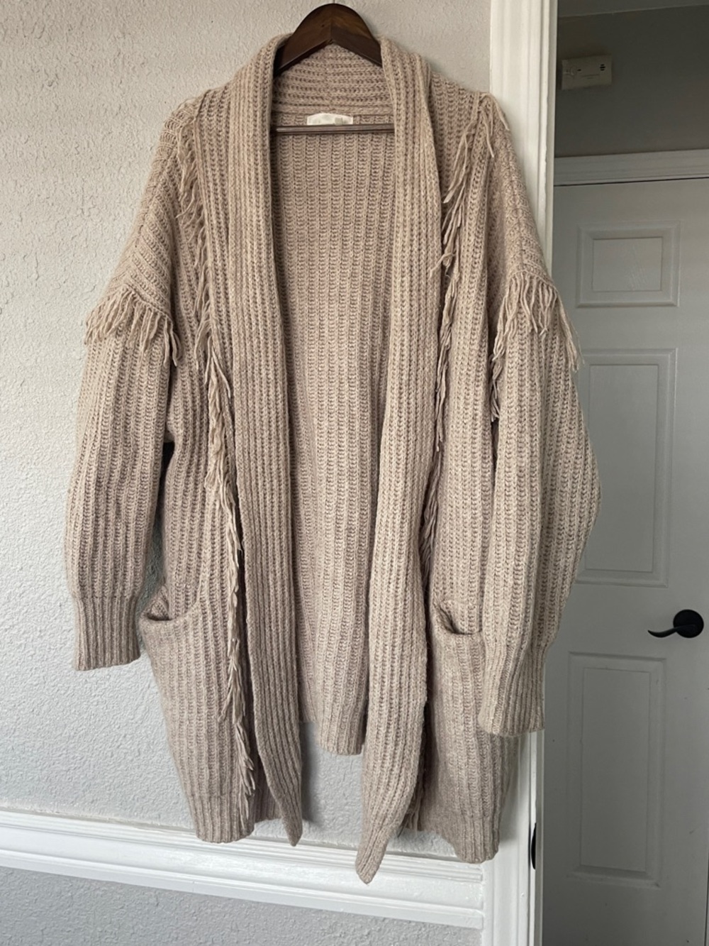 Anthropologie Fringe Cardigan M/L Alpaca Wool Blend Chunky Knit Open Front Boho